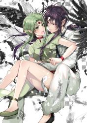Rule 34 | 1boy, 1girl, access time, black wings, breasts, closed mouth, commentary, earrings, facial mark, feathered wings, feet out of frame, finn fish, forehead mark, green eyes, green hair, hetero, highres, hug, hug from behind, jewelry, kamikaze kaitou jeanne, long hair, long sleeves, looking at another, open mouth, parted bangs, pointy ears, purple eyes, purple hair, short sleeves, sidelocks, smile, tcb, thighs, upper body, v-shaped eyebrows, white wings, wings