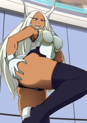 Rule 34 | 1girl, absurdres, animal ears, ass, black thighhighs, boku no hero academia, breasts, commentary, dark-skinned female, dark skin, female focus, forehead, from below, fur collar, gloves, grin, highleg, highleg leotard, highres, impossible clothes, impossible leotard, large breasts, leotard, long eyelashes, long hair, mirko, muscular, muscular female, nose, parted bangs, paw shoes, rabbit ears, rabbit tail, red eyes, shoes, silver hair, skindentation, smile, solo, tail, thick thighs, thighhighs, thighs, thong leotard, white gloves, white leotard