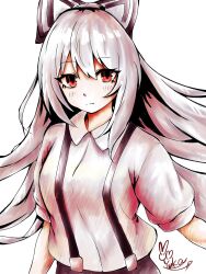 Rule 34 | 1girl, blush stickers, bow, buttons, closed mouth, collared shirt, commentary, eyelashes, fujiwara no mokou, hair bow, highres, hime cut, light frown, long hair, looking at viewer, pants, puffy short sleeves, puffy sleeves, red eyes, red pants, red trim, shirt, short sleeves, sidelocks, signature, suspenders, tokoyuka th, touhou, upper body, very long hair, white bow, white hair, white shirt