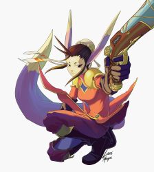 Rule 34 | 1girl, animal ears, black eyes, breasts, breath of fire, breath of fire iv, brown hair, bun cover, capcom, closed mouth, dress, eyeshadow, full body, gloves, gun, highres, makeup, medium hair, on one knee, simple background, solo, tail, ursula (breath of fire), weapon, white background