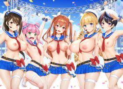 Rule 34 | 5girls, belt, blonde hair, blush, bow, breasts, confetti, drill hair, flat chest, hair bun, idol, large breasts, long hair, microphone, midriff, miniskirt, multiple girls, navel, pink hair, red hair, sailor collar, short hair, skirt, small breasts, stage, topless, twintails