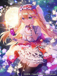 Rule 34 | 1girl, apple caramel, blonde hair, bow, breasts, bug, butterfly, cleavage, commentary request, diadein, dress, fang, green eyes, hair between eyes, hair bow, heterochromia, highres, insect, long hair, looking at viewer, medium breasts, official art, red eyes, short sleeves, skirt, smile, solo, thighhighs, twintails, wrist cuffs