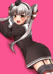 Rule 34 | &gt;:d, amatsukaze (kancolle), blush, dress, elbow rest, fang, feet out of frame, garter straps, gloves, grey hair, hair between eyes, headgear, highres, jougenmushi, kantai collection, long hair, looking at viewer, looking to the side, lying, on stomach, open mouth, pink background, shadow, simple background, smile, thighhighs, twintails, v-shaped eyebrows, white gloves, yellow eyes, zettai ryouiki