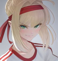 Rule 34 | 1girl, blonde hair, fate/grand order, fate (series), green eyes, grey background, gym shirt, headband, highres, imizu (nitro unknown), looking at viewer, nero claudius (fate), nero claudius (fate) (all), nero claudius (fate/extra), official alternate costume, portrait, red headband, shirt, smirk, solo, upper body, v-shaped eyebrows, white shirt