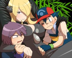 Rule 34 | 00s, 1girl, 2boys, age difference, amada, ash ketchum, blonde hair, blush, breasts, child, cleavage, creatures (company), cynthia (pokemon), fingerless gloves, game freak, gloves, grey eyes, hair over one eye, hat, hug, long hair, looking at viewer, multiple boys, nintendo, paul (pokemon), pokemon, pokemon (anime), pokemon dppt, sweatdrop