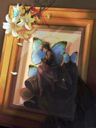 Rule 34 | 1boy, absurdres, black footwear, black gloves, black pants, black robe, blue butterfly, boots, bug, butterfly, closed eyes, earrings, ensemble stars!, flower, framed insect, gloves, highres, in container, insect, insect collection, jewelry, kagehira mika, kekekkbk, light particles, lily (flower), long sleeves, lying, male focus, mini person, miniboy, on side, pants, petals, picture frame, profile, red ribbon, ribbon, robe, sash, shadow, short hair, sleeping, solo, thigh boots, white flower