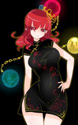 Rule 34 | 1girl, black background, black dress, breasts, chain, chain, china dress, chinese clothes, chinese text, clothes writing, contrapposto, covered navel, crown, curvy, dress, earth (planet), earth (ornament), gold chain, hand on own hip, hat, hecatia lapislazuli, highres, large breasts, moon, moon (ornament), nail polish, planet, pointy ears, raptor7, red eyes, red hair, short hair, side slit, simple background, smile, solo, orb, standing, thigh gap, touhou, wide hips