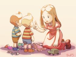 Rule 34 | 1girl, 2boys, blonde hair, breasts, brothers, brown hair, claus (mother 3), dress, hinawa, long hair, lucas (mother 3), mother (game), mother 3, mother and son, multiple boys, nanpou (nanpou0021), nintendo, open mouth, shirt, siblings, simple background, smile, striped clothes, striped shirt, stuffed animal, stuffed toy, teddy bear, toy