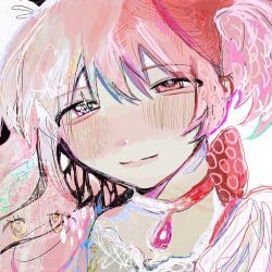 Rule 34 | 1girl, blush, bow, chest jewel, choker, closed mouth, fusion, hair bow, half-closed eyes, highres, kaname madoka, long hair, looking at viewer, magical girl, mahou shoujo madoka magica, mahou shoujo madoka magica (anime), pink eyes, pink gemstone, pink hair, red choker, smile, solo, sparkle, twintails, ultimate madoka, upper body, white bow, white choker, yellow eyes, yonjou (uga tte)