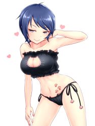 Rule 34 | 10s, 1girl, alternate costume, bandeau, bare legs, bare shoulders, bell, neck bell, blue eyes, blue hair, breasts, cat cutout, cat ear panties, cat lingerie, choker, cleavage cutout, clothing cutout, collarbone, cowboy shot, frills, gluteal fold, hand in own hair, hand on own head, idolmaster, idolmaster cinderella girls, jingle bell, large breasts, looking at viewer, matching hair/eyes, meme attire, nail polish, navel, panties, paw print, pink lips, pink nails, side-tie panties, simple background, smile, solo, stomach, teirettei, underwear, underwear only, wakui rumi, white background