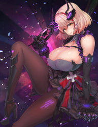 Rule 34 | 1girl, alternate costume, areola slip, azur lane, bare shoulders, black dress, black pantyhose, breasts, covered erect nipples, cross, dress, frilled dress, frills, hair between eyes, hair ornament, hand up, high heels, highres, iron cross, knee up, large breasts, looking at viewer, multicolored hair, no bra, panties, panties under pantyhose, pantyhose, parted lips, purple ribbon, red hair, ribbon, roon (azur lane), roon (muse) (azur lane), short hair, sitting, skindentation, sleeveless, solo, streaked hair, supurai, thighs, underwear, x hair ornament