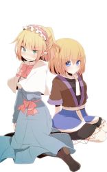 Rule 34 | 2girls, alice margatroid, alice margatroid (cosplay), alternate costume, angry, aoi (annbi), blonde hair, blue dress, blue eyes, blush, boots, bow, capelet, cosplay, costume switch, dress, green eyes, hair ornament, hairband, highres, kneeling, lolita hairband, long sleeves, looking at viewer, mizuhashi parsee, mizuhashi parsee (cosplay), multiple girls, open mouth, pointy ears, ponytail, ribbon, sash, scarf, shirt, short hair, short sleeves, simple background, sitting, skirt, touhou, wavy mouth, white background