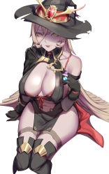 Rule 34 | 1girl, absurdres, arm support, bare shoulders, black footwear, black gloves, blonde hair, bra, bra peek, breasts, cape, cleavage, clothing cutout, gem, gloves, hair between eyes, hat, highres, kumiko shiba, large breasts, long hair, multicolored cape, multicolored clothes, navel, navel cutout, nijisanji, nui sociere, nui sociere (1st costume), partially fingerless gloves, pelvic curtain, red bra, sitting, smile, solo, thighs, torn clothes, torn hat, underwear, very long hair, virtual youtuber, white background, witch, witch hat, yellow eyes