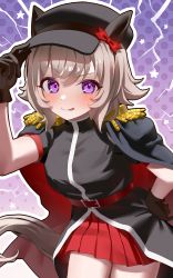 Rule 34 | 1girl, :p, absurdres, animal ears, belt, black cape, black gloves, blush, bow, cape, commentary request, curren chan (umamusume), ear ribbon, epaulettes, gloves, grey hair, hand on headwear, hand on own hip, highres, horse ears, horse girl, horse tail, looking at viewer, ningen mame, polka dot, polka dot background, purple background, purple eyes, red belt, red ribbon, red skirt, ribbon, short hair, skirt, solo, tail, tongue, tongue out, umamusume