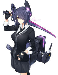 Rule 34 | 10s, 1girl, blue hair, cardigan, cowboy shot, fingerless gloves, gloves, hair over one eye, headgear, kantai collection, looking at viewer, machinery, over shoulder, purple eyes, short hair, simple background, solo, sword, tenryuu (kancolle), tilt-shift (azalanz), twitter username, weapon, weapon over shoulder, white background