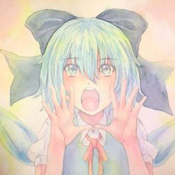 Rule 34 | 1girl, acrylic paint (medium), blue eyes, blue hair, bow, cirno, graphite (medium), hair bow, highres, ice, ice wings, matching hair/eyes, open hands, open mouth, painting (medium), short hair, solo, teeth, touhou, traditional media, watercolor (medium), wings, yuyu (00365676)