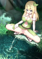 Rule 34 | 1girl, arisu kazumi, blonde hair, blue eyes, blush, breasts, censored, cleavage, elf, forest, long hair, nature, no panties, original, peeing, pointy ears, pussy, solo, spread legs, squatting