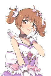Rule 34 | 1girl, ahoge, alternate hairstyle, araki hina, black choker, blush, bow, breasts, brown eyes, brown hair, choker, cleavage, dot nose, gloves, hair bow, hair ribbon, hand on own face, hand up, idolmaster, idolmaster cinderella girls, idolmaster cinderella girls starlight stage, looking at viewer, magical girl, medium breasts, mitsuki meia, no eyewear, open mouth, pink ribbon, ribbon, short hair, shy, simple background, solo, standing, striped ribbon, sweatdrop, twintails, two-tone dress, white background, white gloves, white ribbon