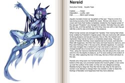 Rule 34 | 1girl, blue hair, blue skin, blush, breasts, character profile, colored skin, demon girl, english text, facial mark, fins, fish girl, fish tail, hair over breasts, hard-translated, heart, horns, kenkou cross, long hair, monster girl, monster girl encyclopedia, navel, nereid, nereid (monster girl encyclopedia), nereis, official art, parted lips, pointy ears, solo, tail, tattoo, third-party edit, translated, yellow eyes