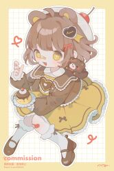 Rule 34 | 1girl, ahoge, animal ears, bandaid, bandaid on face, bandaid on nose, bear, bear ears, beret, black footwear, brown jacket, child, commentary, commission, dress, food, hair ornament, hat, heart, heart hair ornament, highres, jacket, long sleeves, mary janes, mayosu (mruo52), open clothes, open jacket, original, pudding, shoes, short hair, sitting, socks, solo, symbol-only commentary, white hat, white socks, yellow dress