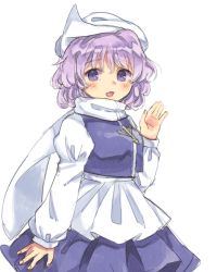 Rule 34 | 1girl, :d, apron, bad id, bad twitter id, blue skirt, blue vest, blush, commentary request, cowboy shot, fingernails, hand up, hat, highres, juliet sleeves, letty whiterock, light purple hair, long sleeves, looking at viewer, open mouth, pin, puffy sleeves, purple skirt, sasa kichi, scarf, simple background, skirt, smile, solo, touhou, vest, waist apron, waving, white apron, white background, white hat, white scarf