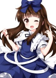 Rule 34 | 1girl, black ribbon, blue bow, blue dress, blunt bangs, bow, brown eyes, brown hair, collarbone, dress, hair bow, highres, index finger raised, long hair, looking at viewer, neck ribbon, one eye closed, open mouth, ribbon, ruu (tksymkw), short sleeves, simple background, smile, solo, standing, star sapphire, touhou, white background