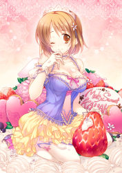 Rule 34 | 10s, 1girl, ;), blush, breasts, brown eyes, brown hair, cake, cleavage, detached sleeves, english text, flower, food, food on body, food on face, fruit, gloves, hair flower, hair ornament, highres, icing, idolmaster, idolmaster cinderella girls, large breasts, mimura kanako, mizuno sao, neck garter, one eye closed, oversized object, puffy detached sleeves, puffy sleeves, short hair, smile, solo, strawberry, wink