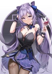Rule 34 | 1girl, 3:, absurdres, bare shoulders, black dress, bow, breasts, brown pantyhose, cleavage, clothing cutout, cone hair bun, cowboy shot, cup, detached collar, detached sleeves, dress, drinking glass, genshin impact, hair bow, hair bun, hands up, highres, holding, keqing (genshin impact), keqing (opulent splendor) (genshin impact), long hair, looking at viewer, medium breasts, pantyhose, purple dress, purple eyes, purple hair, skai kun, solo, standing, strapless, strapless dress, thigh gap, twintails, underboob cutout