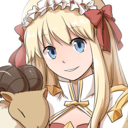 Rule 34 | 1girl, arch bishop (ragnarok online), baphomet jr, blonde hair, blue eyes, bow, cleavage cutout, clothing cutout, commentary request, cross, dress, frilled hairband, frills, goat, grin, hair bow, hairband, long hair, looking at viewer, natsuya (kuttuki), ragnarok online, red bow, simple background, smile, two-tone dress, upper body, white background, white dress