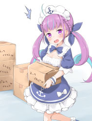 Rule 34 | 1girl, ahoge, anchor symbol, blush, box, braid, breast rest, breasts, breasts on box, cardboard box, carried breast rest, carrying, colored inner hair, commentary request, drill hair, frilled skirt, frills, hair ribbon, highres, hololive, long hair, maid headdress, medium breasts, minato aqua, minato aqua (1st costume), multicolored hair, open mouth, pirason, purple eyes, purple hair, ribbon, saliva, simple background, skirt, solo, surprised, twin drills, twintails, virtual youtuber, white background