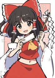 Rule 34 | 1girl, :d, ascot, black eyes, black hair, blush, bow, cowboy shot, detached sleeves, frills, gohei, hair bow, hair tubes, hakurei reimu, highres, holding, looking at viewer, midriff, miz (mizillustration), navel, open mouth, red bow, red skirt, ribbon-trimmed sleeves, ribbon trim, sidelocks, skirt, skirt set, smile, solo, touhou, wide sleeves