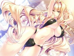 Rule 34 | 1girl, absurdres, aozora stripe, armpits, arms up, bikini, black bikini, blonde hair, blue eyes, blush, breasts, drill hair, dutch angle, covered erect nipples, floating hair, game cg, hair intakes, highleg, highleg bikini, highleg swimsuit, highres, hip focus, large breasts, light particles, long hair, navel, open mouth, osakabe mahiro, piromizu, scan, smile, solo, sparkle, standing, swimsuit, underboob, very long hair