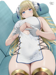 Rule 34 | 1girl, bare hips, bare shoulders, black thighhighs, blonde hair, blue eyes, blush, breasts, bun cover, china dress, china dress girl (oekakizuki), chinese clothes, cleavage, cleavage cutout, closed mouth, clothing cutout, couch, cross-laced clothes, cross-laced slit, double bun, dress, duplicate, gloves, hair bun, half gloves, highres, large breasts, legs, long hair, looking at viewer, looking down, lying, mole, mole on breast, oekakizuki, on back, original, paizuri invitation, pelvic curtain, pixel-perfect duplicate, pointing, pointing at self, revealing clothes, shiny skin, side slit, sideboob, skin tight, skindentation, thick thighs, thighhighs, thighs, underboob, underboob cutout, white dress, white gloves