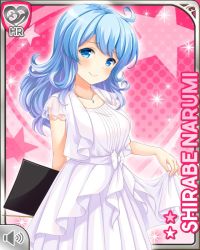 Rule 34 | 1girl, blue eyes, blue hair, book, card (medium), character name, closed mouth, dress, girlfriend (kari), holding, long hair, matching hair/eyes, official art, pink background, qp:flapper, shirabe narumi, smile, solo, sparkle, standing, tagme, white dress