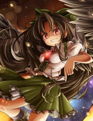 Rule 34 | 1girl, arm cannon, black hair, black wings, bow, breasts, cape, collared shirt, cowboy shot, feathered wings, frilled skirt, frills, green skirt, grin, hair bow, light particles, long hair, looking at viewer, maguro (mawaru sushi), miniskirt, pointing, pointing down, puffy short sleeves, puffy sleeves, red eyes, reiuji utsuho, shirt, short sleeves, skirt, smile, solo, third eye, touhou, very long hair, weapon, white shirt, wings