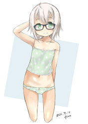 Rule 34 | 1girl, absurdres, ahoge, arm behind head, artist name, bespectacled, black-framed eyewear, camisole, cropped legs, dated, fyuo, glasses, green camisole, green eyes, green panties, grin, highres, kantai collection, looking at viewer, panties, polka dot, polka dot camisole, polka dot panties, shimushu (kancolle), short hair, silver hair, smile, solo, standing, underwear