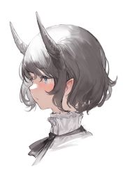 Rule 34 | 1girl, black horns, black neckerchief, blue eyes, blush, closed mouth, frills, grey background, grey hair, hair between eyes, horns, mogumo, neckerchief, original, pink lips, pointy ears, ribbon, short hair, simple background, solo, upper body