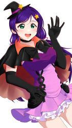 Rule 34 | 1girl, absurdres, elbow gloves, gloves, halloween, hat, highres, jujl 1127, looking at viewer, love live!, low twintails, open mouth, purple hair, smile, solo, tojo nozomi, trick or treat, twintails