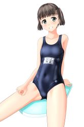 Rule 34 | 1girl, absurdres, black hair, blue one-piece swimsuit, breasts, collarbone, commentary request, cowboy shot, green eyes, grin, highres, kickboard, looking at viewer, name tag, navel, new school swimsuit, one-piece swimsuit, original, school swimsuit, short hair, simple background, small breasts, smile, solo, swimsuit, takafumi, twintails, white background