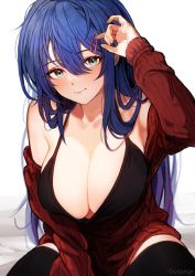 Rule 34 | 1girl, absurdres, aqua eyes, bikini, bikini top only, black thighhighs, blue hair, blush, borrowed character, breasts, cleavage, closed mouth, dress, hair between eyes, hair ornament, hairclip, head tilt, highres, large breasts, long hair, long sleeves, marse (rokudaime), original, ribbed sweater, sidelocks, simple background, sitting, smile, solo, sweater, sweater dress, swimsuit, thighhighs