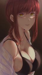 Rule 34 | 1girl, absurdres, black bra, bra, braid, braided ponytail, breasts, chainsaw man, cleavage, collared shirt, dress shirt, highres, large breasts, looking at viewer, makima (chainsaw man), micchan (micchanmeido), red hair, ringed eyes, shirt, sidelocks, solo, underwear, upper body, white shirt, yellow eyes