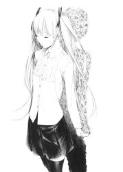 Rule 34 | 1girl, dress shirt, closed eyes, flower, greyscale, hatsune miku, kimi no taion (vocaloid), long hair, long sleeves, monochrome, personification, pleated skirt, shirt, skirt, sousou (sousouworks), thighhighs, twintails, vocaloid, zettai ryouiki