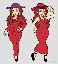 Rule 34 | 1girl, absurdres, artist name, bangle, bare shoulders, black footwear, blue eyes, bow, bracelet, breasts, brown hair, business suit, buttons, closed mouth, collarbone, donkey kong (series), dress, dual persona, earrings, eyelashes, eyeshadow, fedora, formal, full body, grey background, hand on own hip, hat, hat ribbon, hat tip, highres, jewelry, knees together feet apart, legs together, lips, lipstick, long dress, long hair, long sleeves, looking at viewer, makeup, mario (series), medium breasts, mehdrawings, nintendo, official alternate costume, one eye closed, pant suit, pants, pauline (mario), purple eyeshadow, purple headwear, red bow, red dress, red headwear, red lips, red pants, red ribbon, red shirt, red suit, ribbon, shirt, simple background, sleeveless, sleeveless dress, standing, strappy heels, suit, super mario odyssey, taut clothes, taut dress, thick lips, twitter username, wide hips, yellow bracelet