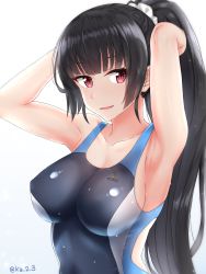Rule 34 | 1girl, alternate hairstyle, armpits, arms up, bad id, bad pixiv id, black hair, breasts, competition swimsuit, hair ornament, hair scrunchie, highres, ibuki grunt, isokaze (kancolle), kantai collection, large breasts, long hair, one-piece swimsuit, open mouth, ponytail, red eyes, scrunchie, simple background, solo, swimsuit, twitter username, wet