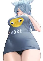 Rule 34 | 1girl, absurdres, black panties, blue eyes, blue hair, blue wings, breasts, cameltoe, cloverse6, covered navel, elira pendora, from below, grey shirt, hair over one eye, head wings, highres, large breasts, long hair, multicolored hair, nijisanji, nijisanji en, no pants, panties, print shirt, shirt, short sleeves, simple background, solo, standing, tight clothes, tight shirt, underwear, virtual youtuber, white background, white hair, wings