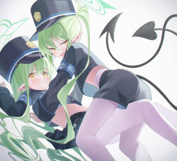Rule 34 | 2girls, black hat, black jacket, black shorts, black skirt, black tail, blue archive, blush, closed mouth, demon tail, fang, green hair, green halo, hair spread out, halo, hat, higashigure, highres, hikari (blue archive), jacket, long hair, long sleeves, multiple girls, nozomi (blue archive), open mouth, pantyhose, peaked cap, pleated skirt, shorts, siblings, sidelocks, simple background, sisters, skin fang, skirt, smile, tail, twins, twintails, very long hair, white background, white pantyhose, yellow eyes