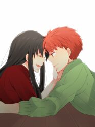 Rule 34 | 1boy, 1girl, ^ ^, black hair, closed eyes, closed mouth, commentary request, couple, emiya shirou, facing another, fate/stay night, fate (series), from side, green sweater, hair down, hetero, long hair, long sleeves, looking at another, on floor, open mouth, orange hair, profile, red shirt, ribbed sweater, shirt, short hair, sidelocks, simple background, smile, spiked hair, straight hair, suzuko (star8383), sweater, tohsaka rin, white background