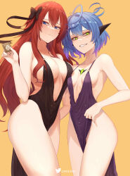 Rule 34 | 2girls, absurdres, ahoge, bare shoulders, black dress, black horns, black ribbon, blue eyes, blue hair, breasts, center opening, closed mouth, commission, condom, dress, evil grin, evil smile, gradient hair, green eyes, grin, hair between eyes, hair ribbon, hand up, highres, holding, holding condom, horns, large breasts, long hair, looking at viewer, multicolored hair, multiple girls, original, pelvic curtain, purple dress, purple hair, qweerin, red hair, ribbon, simple background, small breasts, smile, twitter username, yellow background