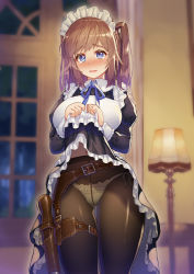 Rule 34 | 1girl, blue eyes, blurry, blurry background, blush, breasts, brown hair, brown pantyhose, clothes lift, commentary request, cowboy shot, crotch seam, depth of field, embarrassed, gluteal fold, holster, indoors, kibanda gohan, large breasts, lifting own clothes, looking at viewer, maid, maid headdress, medium hair, original, panties, panties under pantyhose, pantyhose, side-tie panties, sidelocks, skirt, skirt lift, solo, string panties, teardrop, thigh holster, two side up, underwear, white panties