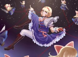 Rule 34 | alice margatroid, arumimangotroid, black footwear, blonde hair, blue dress, blue eyes, boots, capelet, cross-laced footwear, doll, dress, floating hair, frilled capelet, frilled dress, frills, hairband, highres, juliet sleeves, knee boots, lace-up boots, lance, long sleeves, looking at viewer, midair, pants, pink neckwear, polearm, puffy sleeves, red hairband, short hair, short sleeves, string, touhou, weapon, white pants